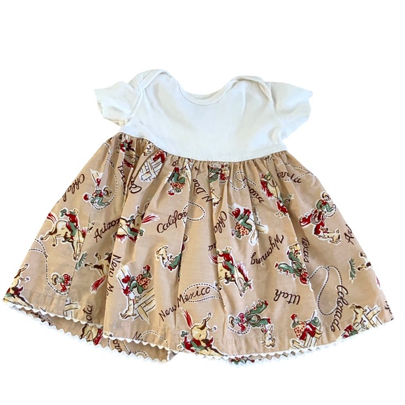 DRESS INFANT KHAKI WESTERN PRINT 100% COTTON - Picture 1 of 4